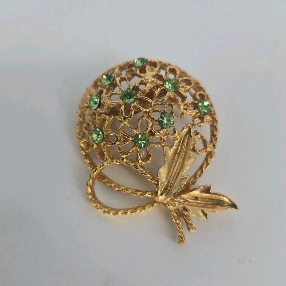 MCM Uranium Glass Green Rhinestone Gold Tone Floral Leaves Brooch Pin Vintage
